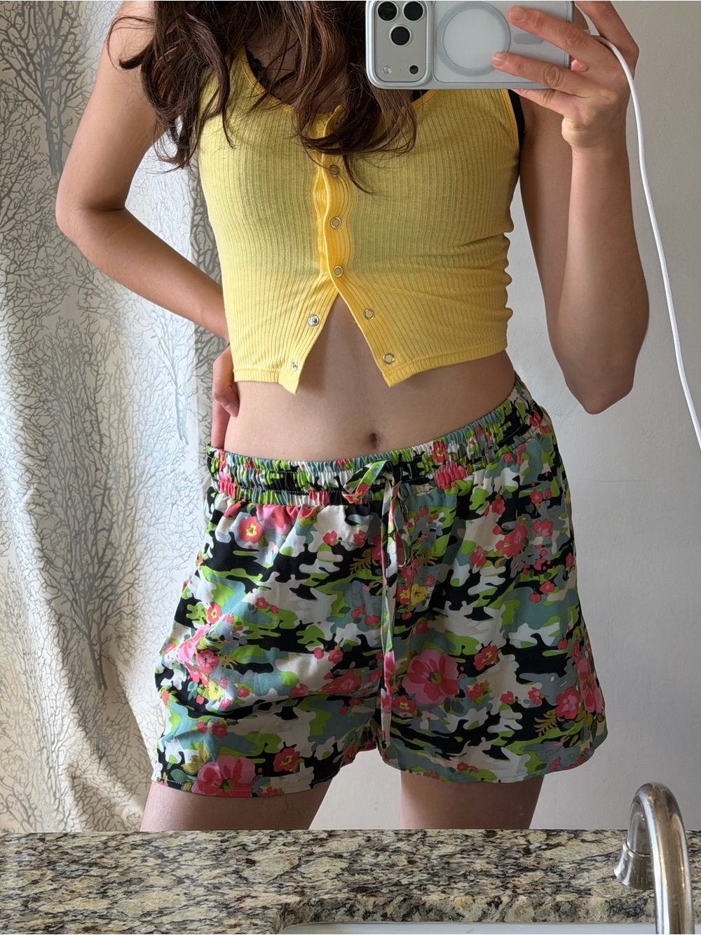 Floral Camo Drawstring Bermuda Shorts in Green/Pink/Black